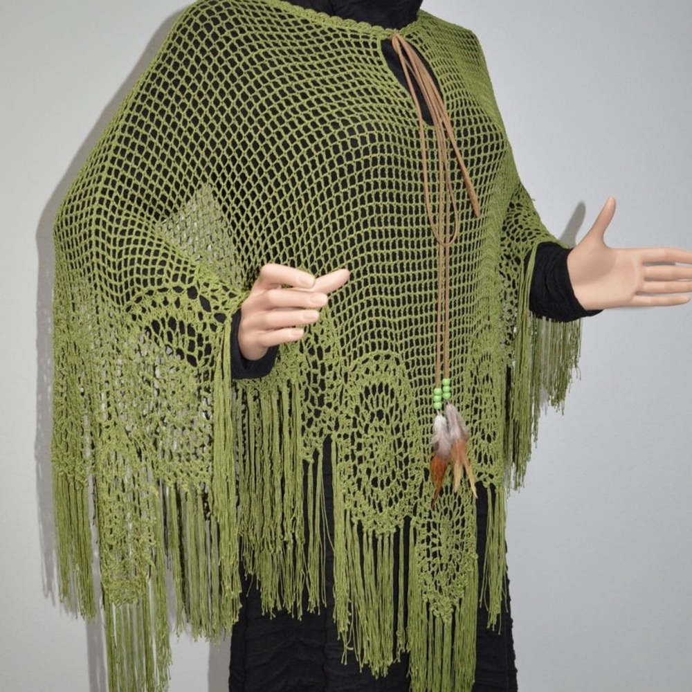 Max Studio  Crochet Poncho Fringe BEIGE color